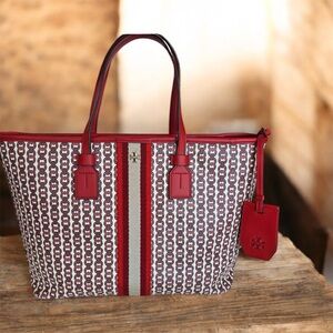Tory Burch Red and Cream Geometric Tote